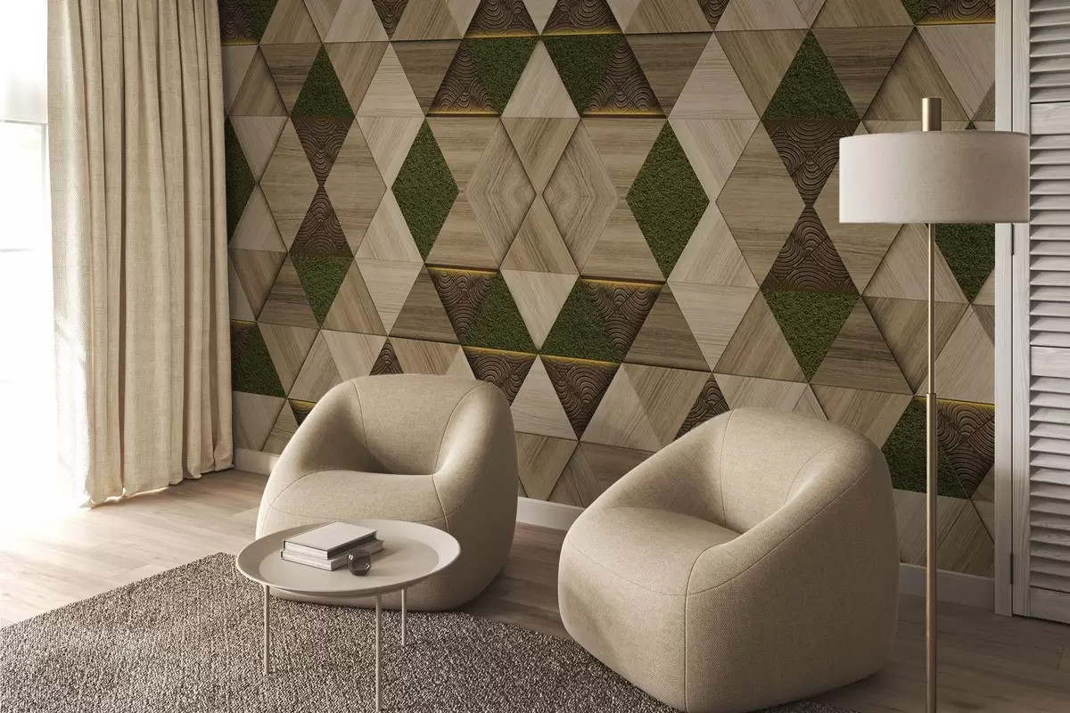 wall murals Geometric wooden ornament with moss w04459