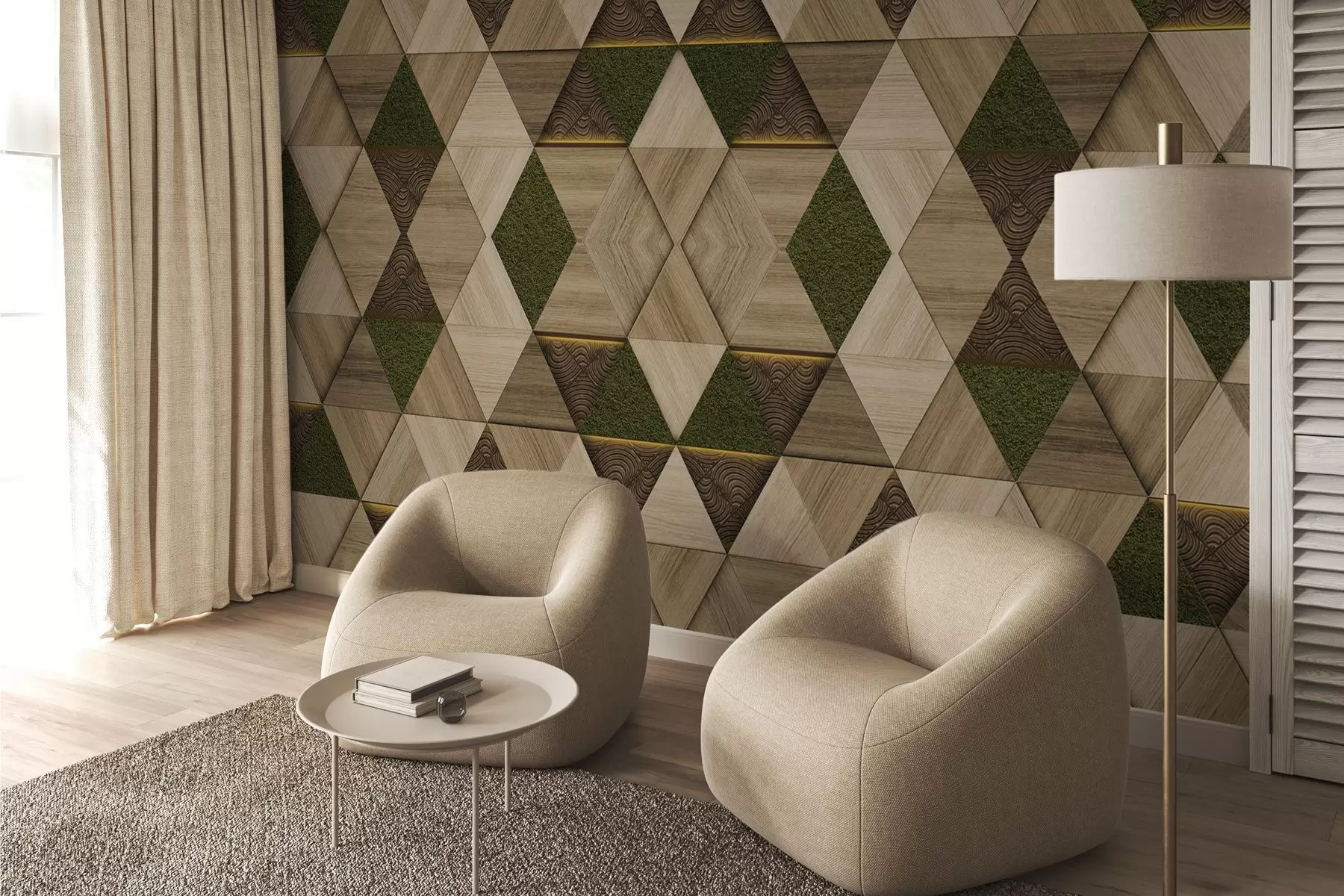 wall murals Geometric wooden ornament with moss w04459