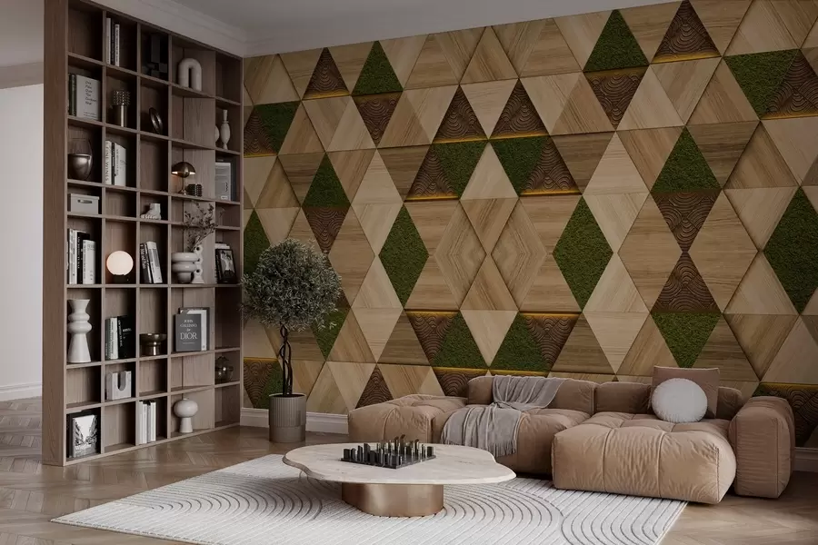 wall murals Geometric wooden ornament with moss w04459