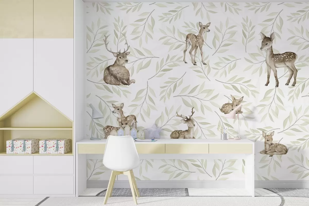 wall murals Fawns among greenish leaves on a white background w04461v1
