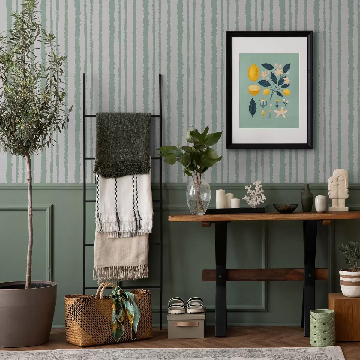 Wallpaper Uneven mint stripes on a white background a00510