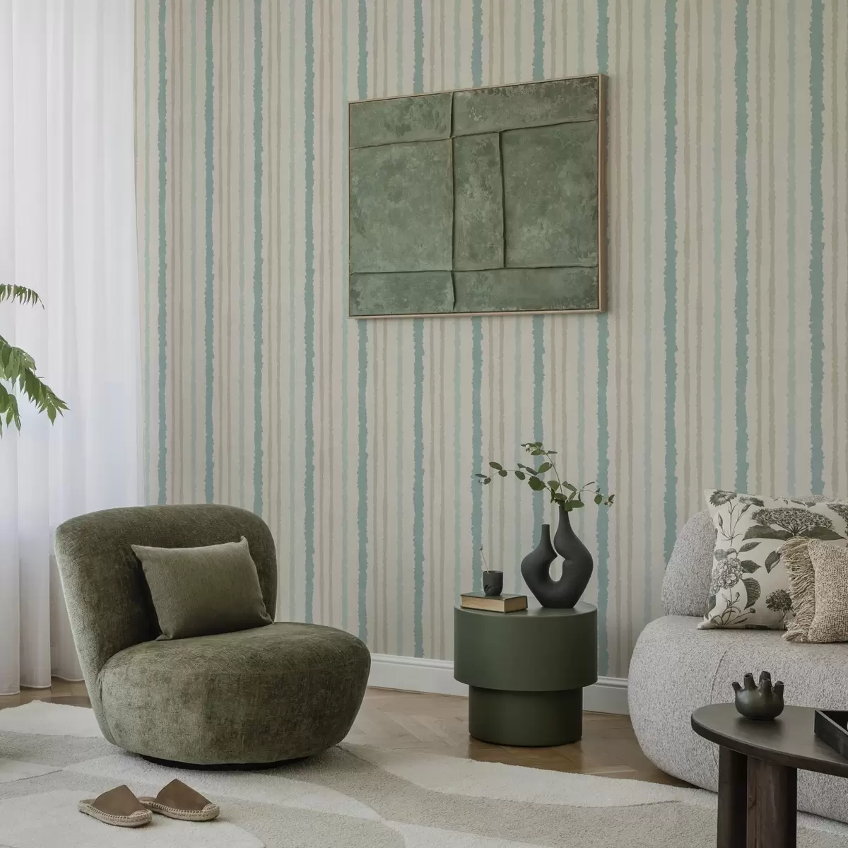 Wallpaper Turquoise-beige stripes with hand-painted effect a00510v1