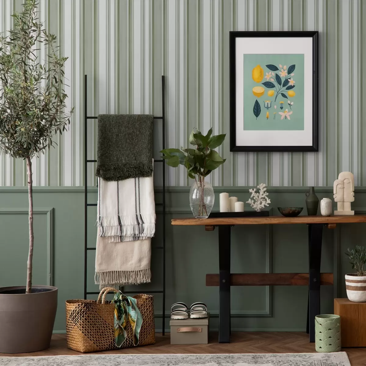 Wallpaper Green stripes with white intervals and thin lines a00526