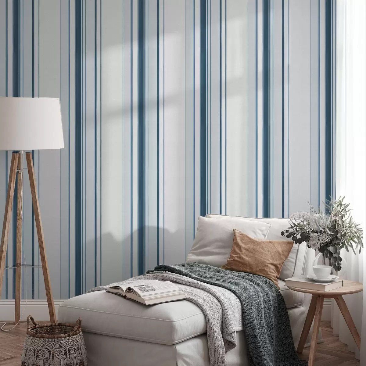 Wallpaper Many vertical stripes in turquoise and blue colors a00529