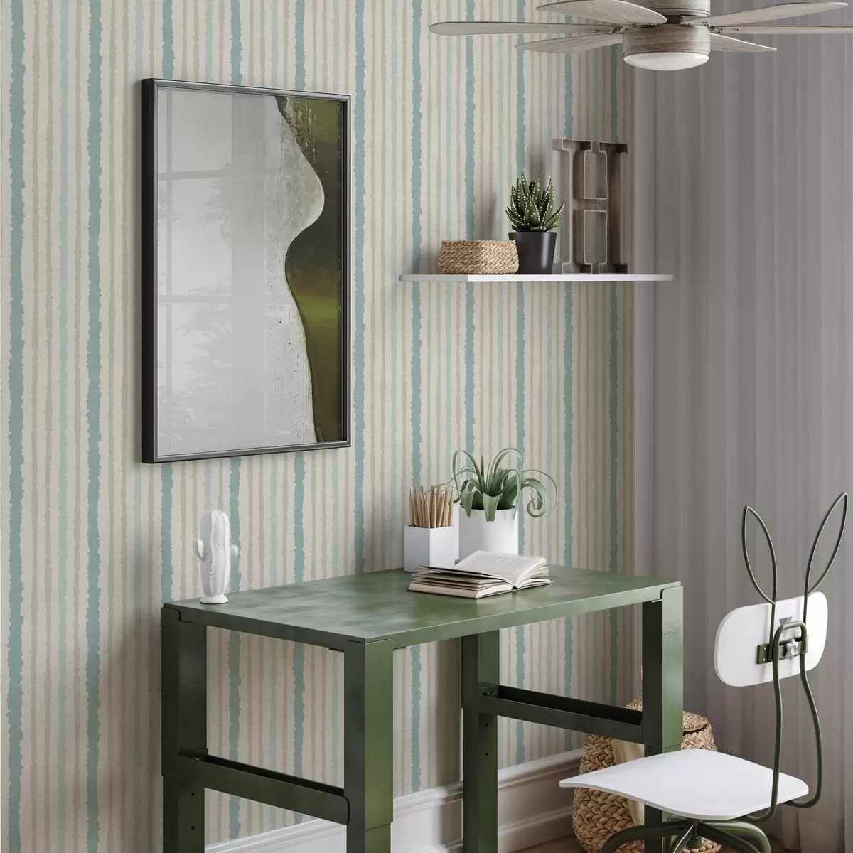 Wallpaper Combination of turquoise and beige uneven stripes a00552