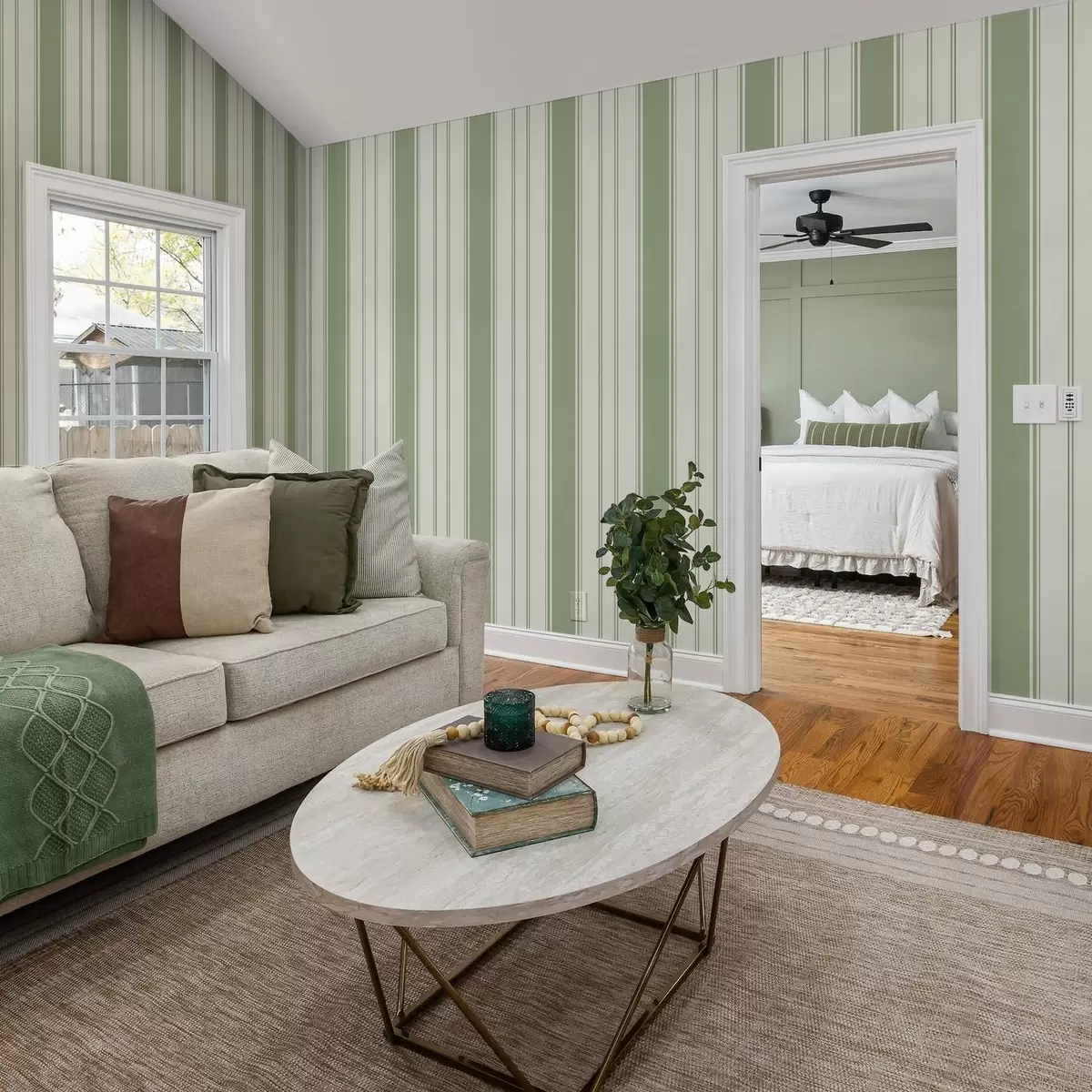 Wallpaper Cream background with wide light green stripes a00561