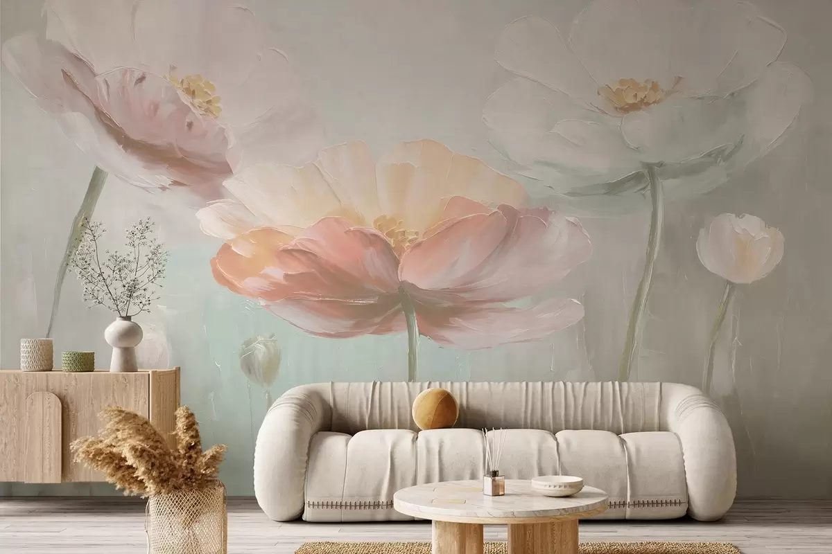 wall murals Volumetric pastel poppies in oil painting style w09310v1