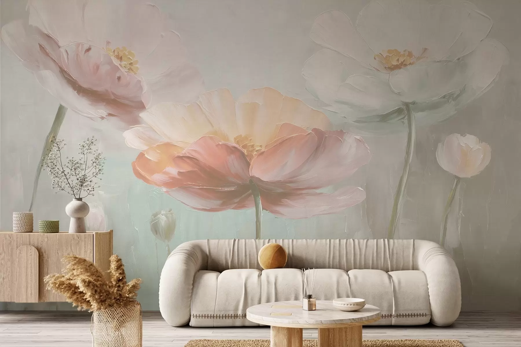 wall murals Volumetric pastel poppies in oil painting style w09310v1