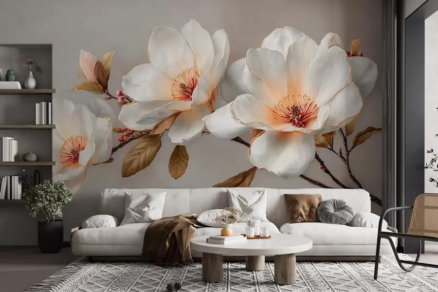 wall murals Delicate flowers on a branch in pastel tones with orange centers w09299