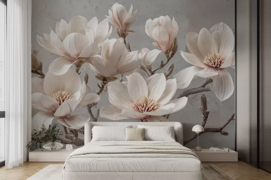 wall murals Magnolia branches with large light flowers in muted tones w09305