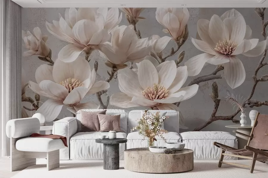 wall murals Magnolia branches with large light flowers in muted tones w09305