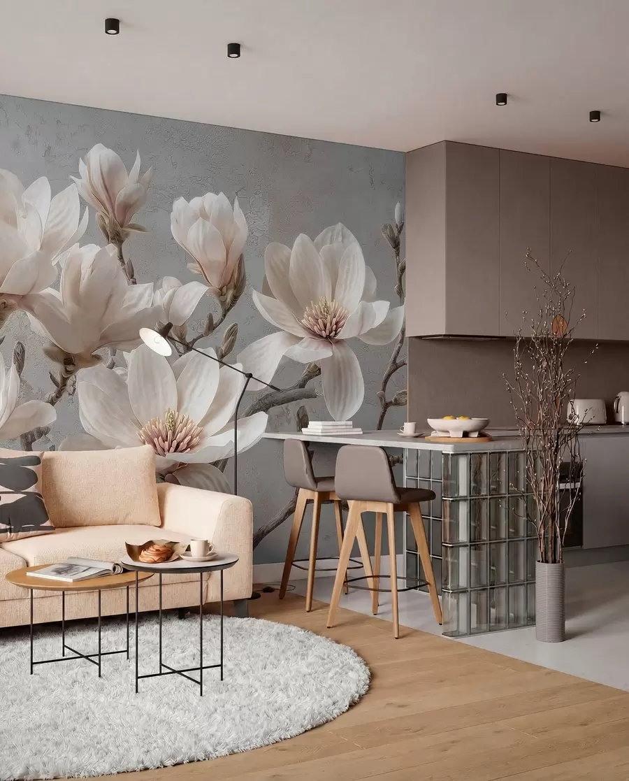 wall murals Magnolia branches with large light flowers in muted tones w09305