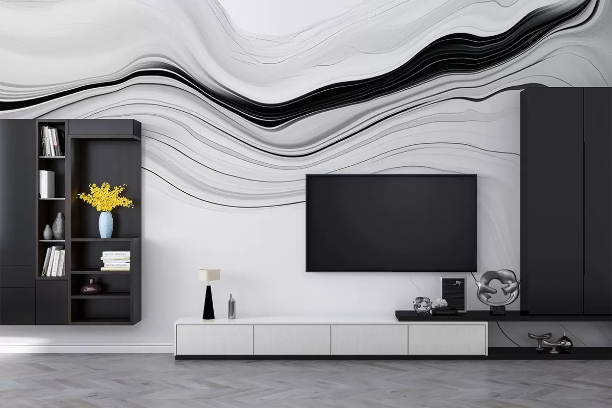 wall murals Black and white pattern with the effect of marble layers w09358