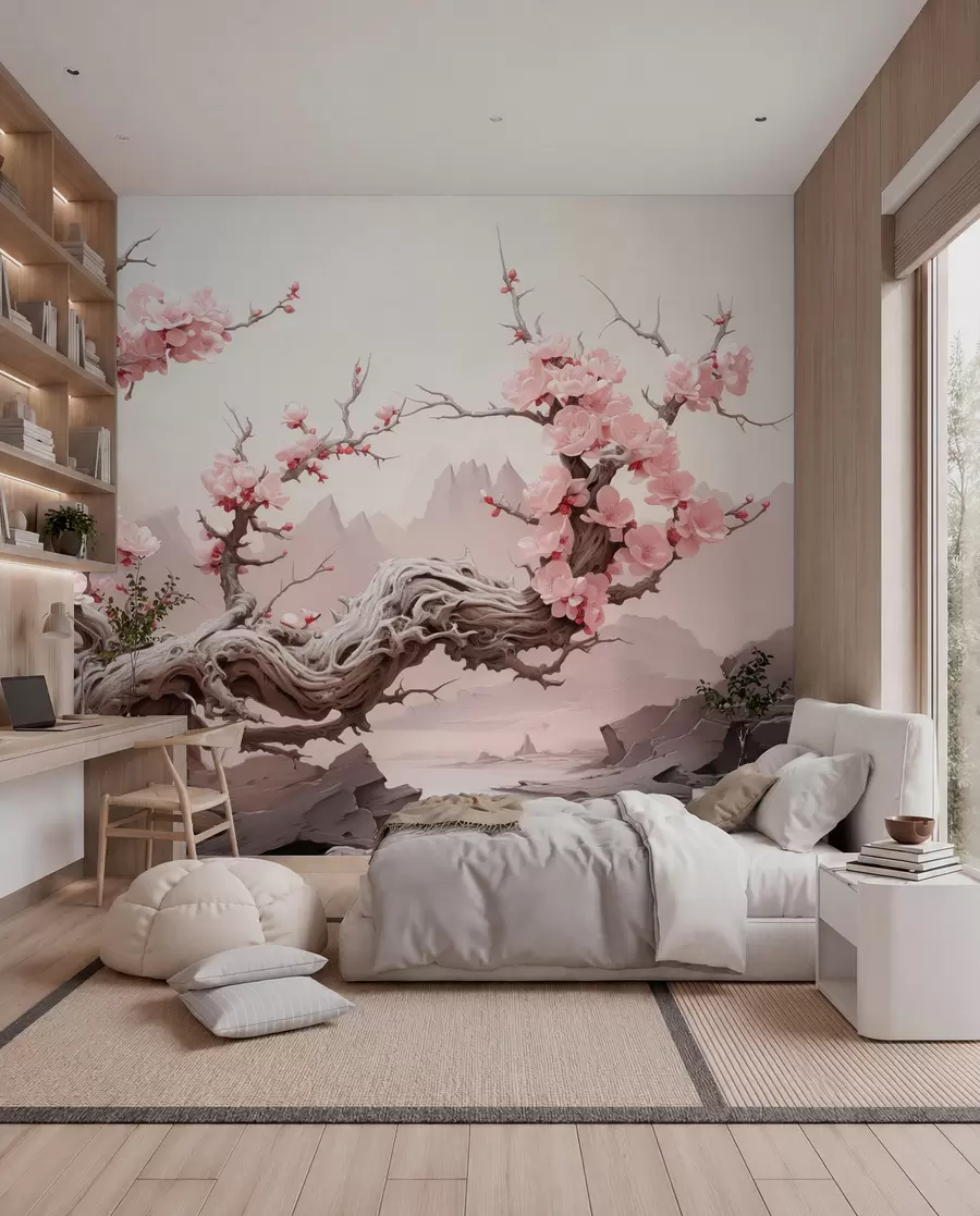 wall murals Twisted tree trunk with blooming pink sakura w09388