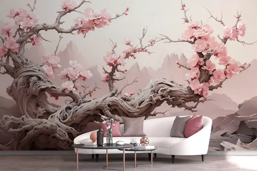 wall murals Twisted tree trunk with blooming pink sakura w09388