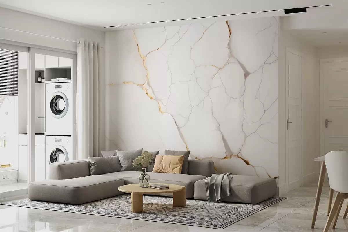 wall murals Imitation of marble with fine cracks and yellow veins w09390