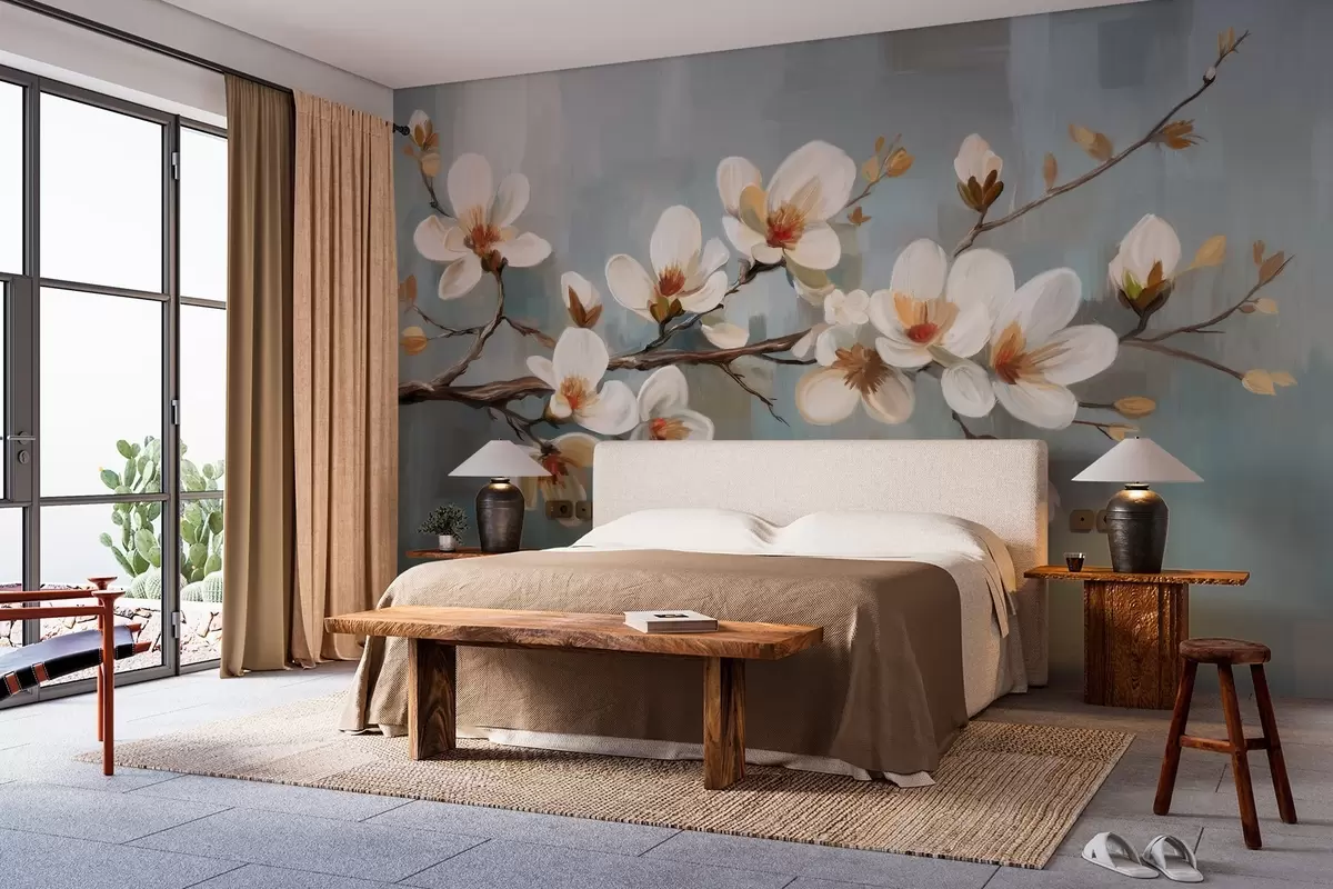 wall murals A blossoming branch in the style of oil painting on a blue background w04496