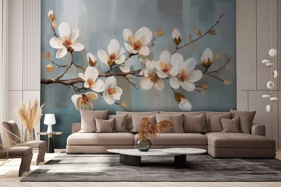 wall murals A blossoming branch in the style of oil painting on a blue background w04496