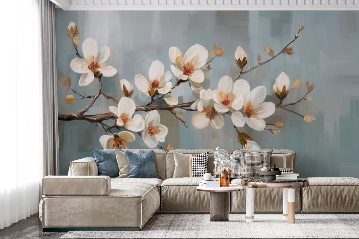 wall murals A blossoming branch in the style of oil painting on a blue background w04496