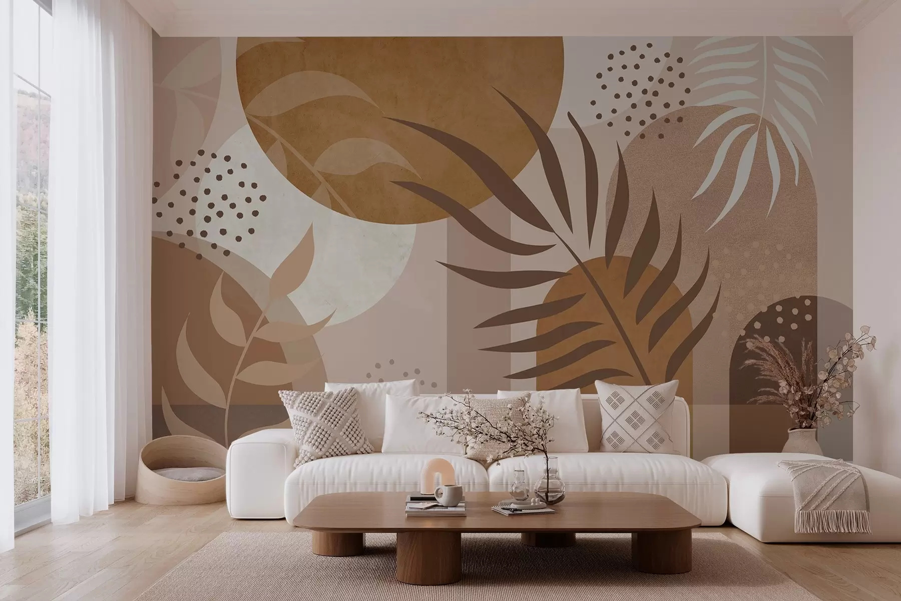 wall murals Contemporary abstraction with plants in brown and beige tones w04497