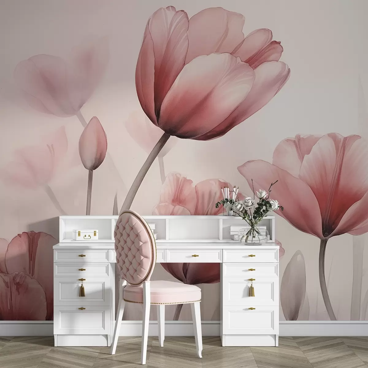 wall murals Tulips with a burnt effect and texture w04519