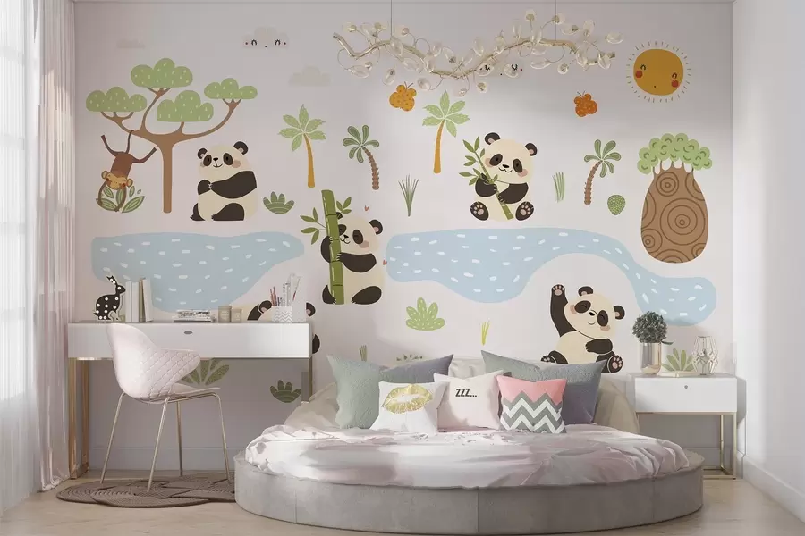 wall murals Cheerful pandas by the river w04541