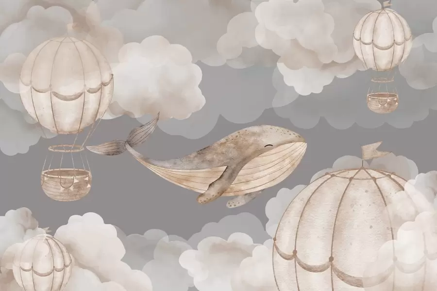 wall murals Whale and hot air balloons among soft clouds w04522