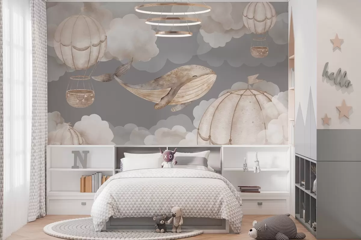 wall murals Whale and hot air balloons among soft clouds w04522
