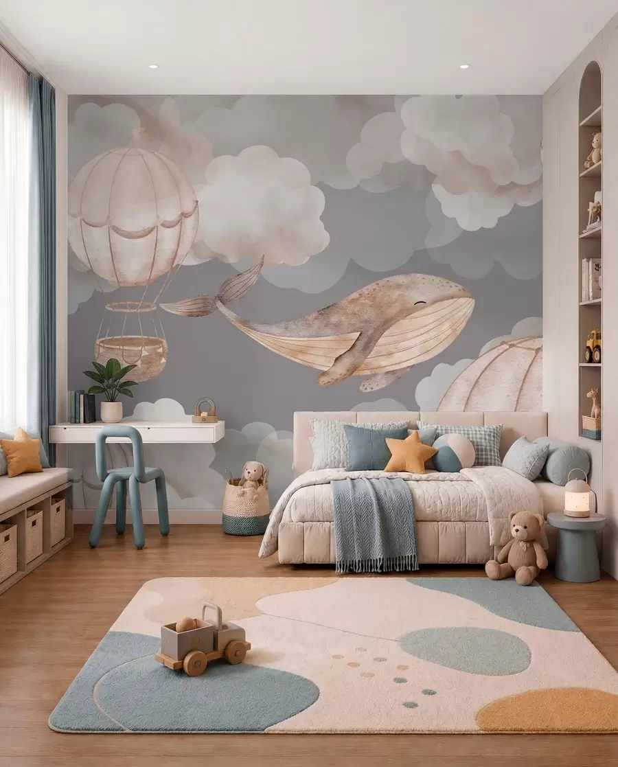 wall murals Whale and hot air balloons among soft clouds w04522