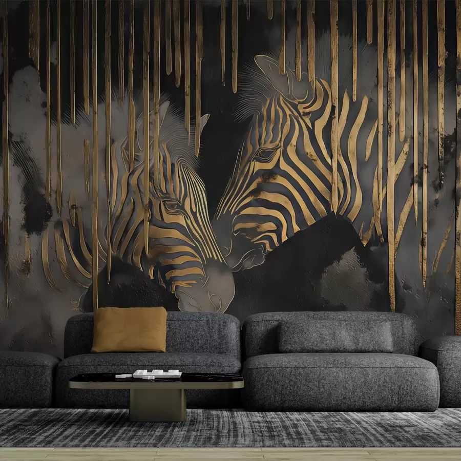 wall murals Zebras with abstract black background w04548