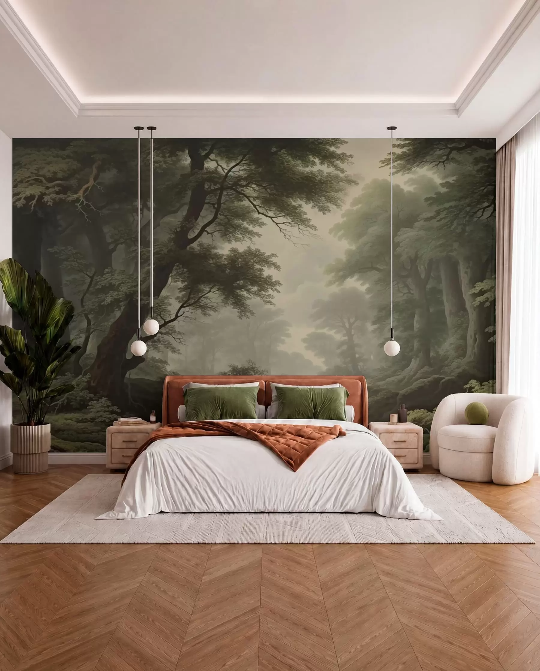 wall murals Misty forest with river and tall ancient trees w04555