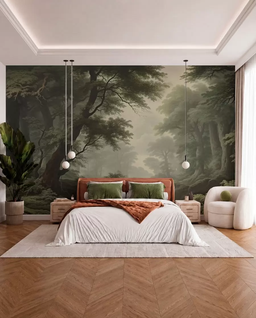wall murals Misty forest with river and tall ancient trees w04555