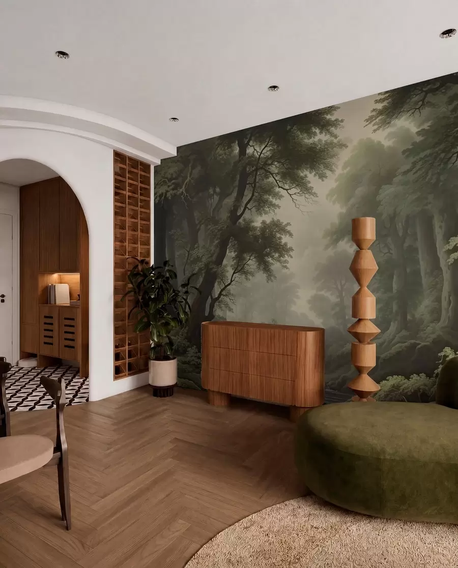 wall murals Misty forest with river and tall ancient trees w04555