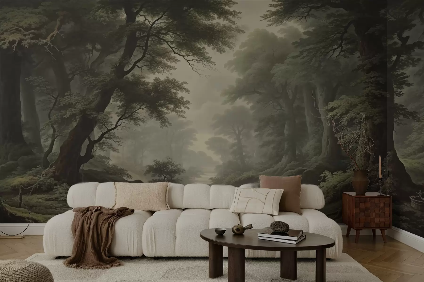 wall murals Misty forest with river and tall ancient trees w04555