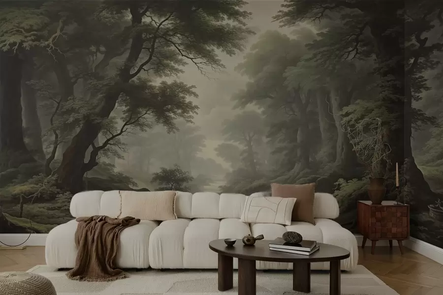 wall murals Misty forest with river and tall ancient trees w04555