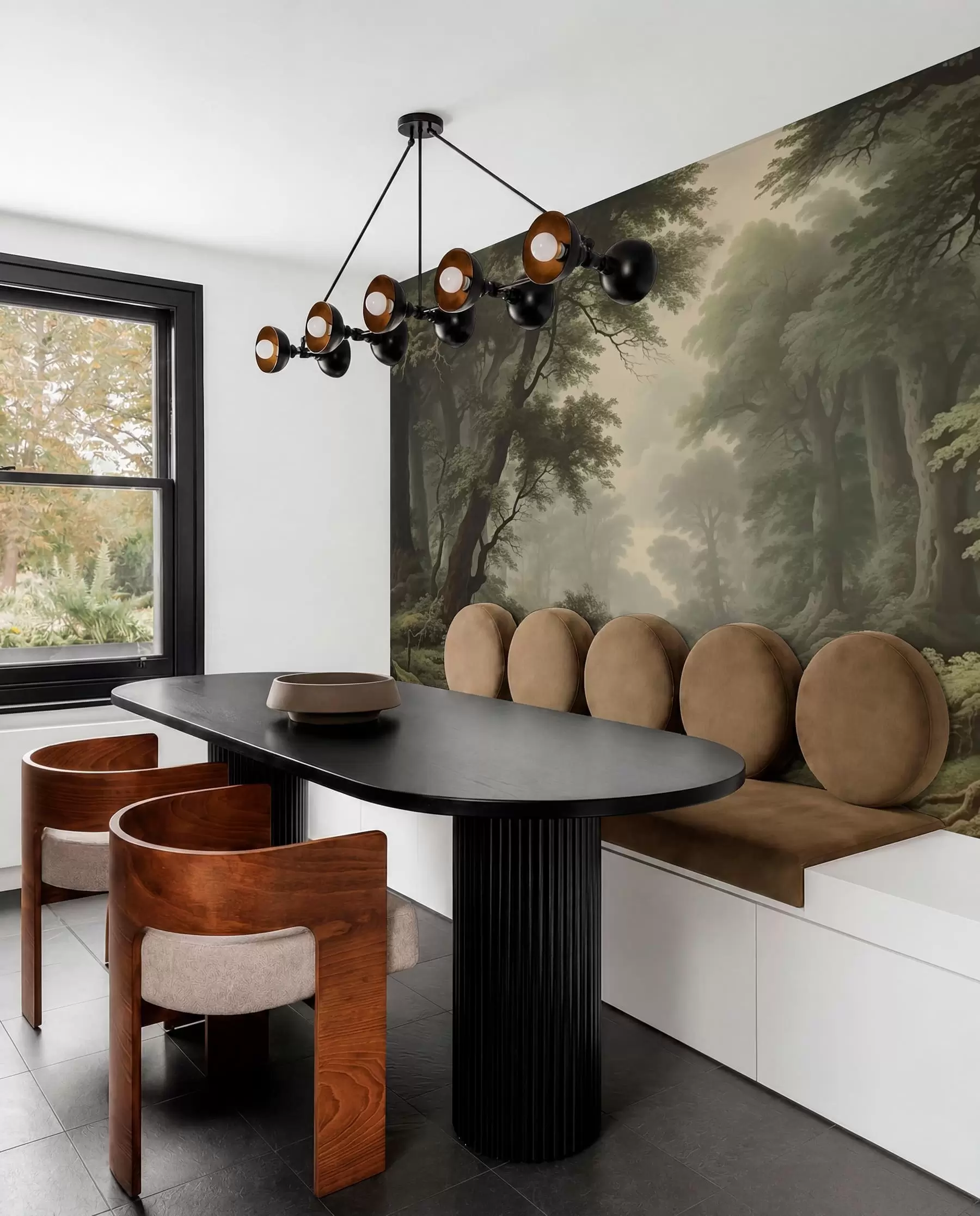 wall murals Misty forest with river and tall ancient trees w04555