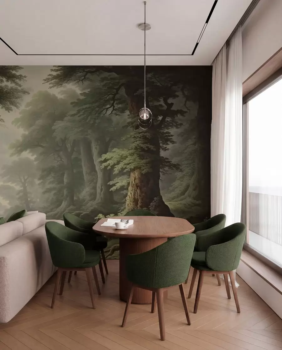 wall murals Misty forest with river and tall ancient trees w04555
