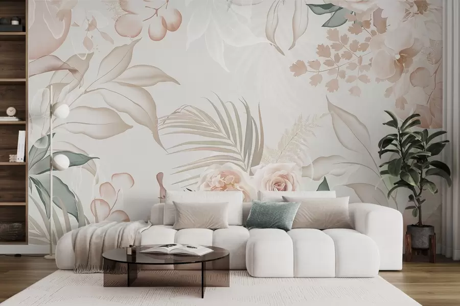 wall murals Floral textured arrangement with roses, orchids, eucalyptus and palm leaves in pastel colors, beige background w09393