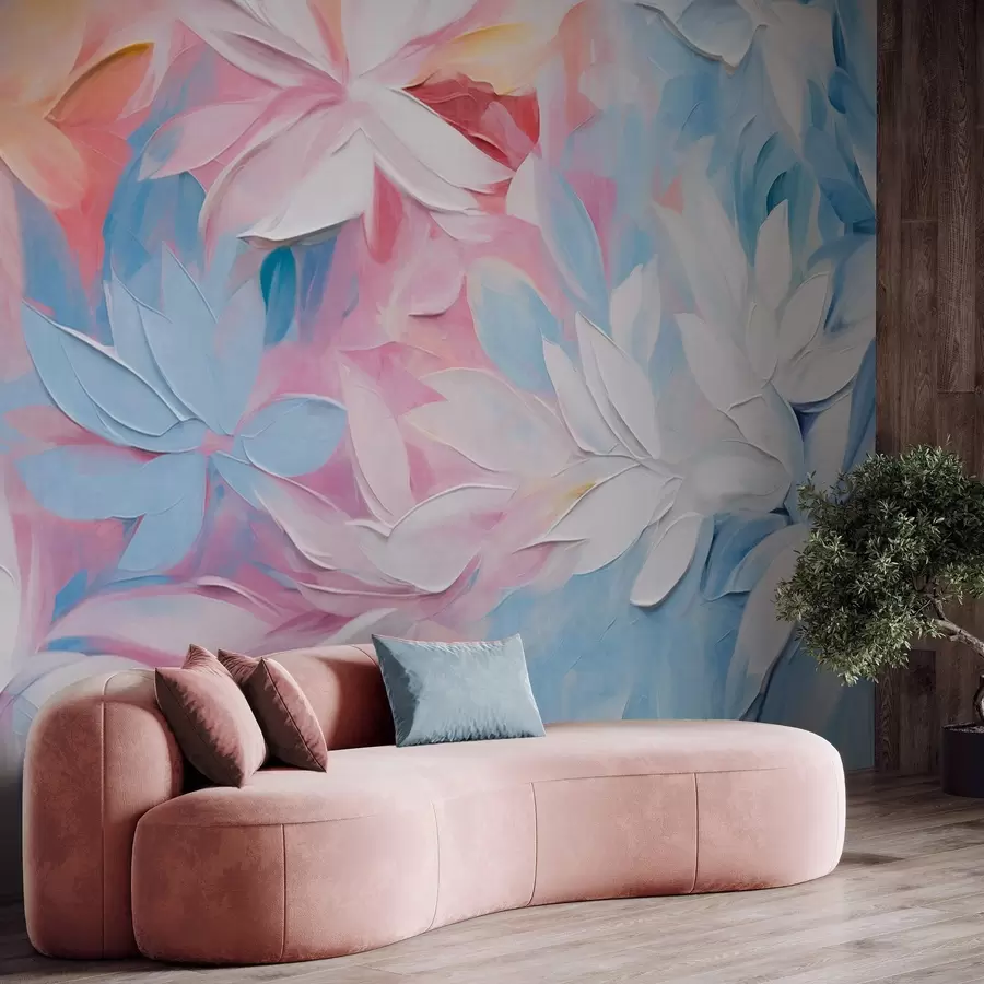 wall murals White textured flowers with pink and blue leaves, oil painting abstract style, soft brush strokes, pastel colors  w09396