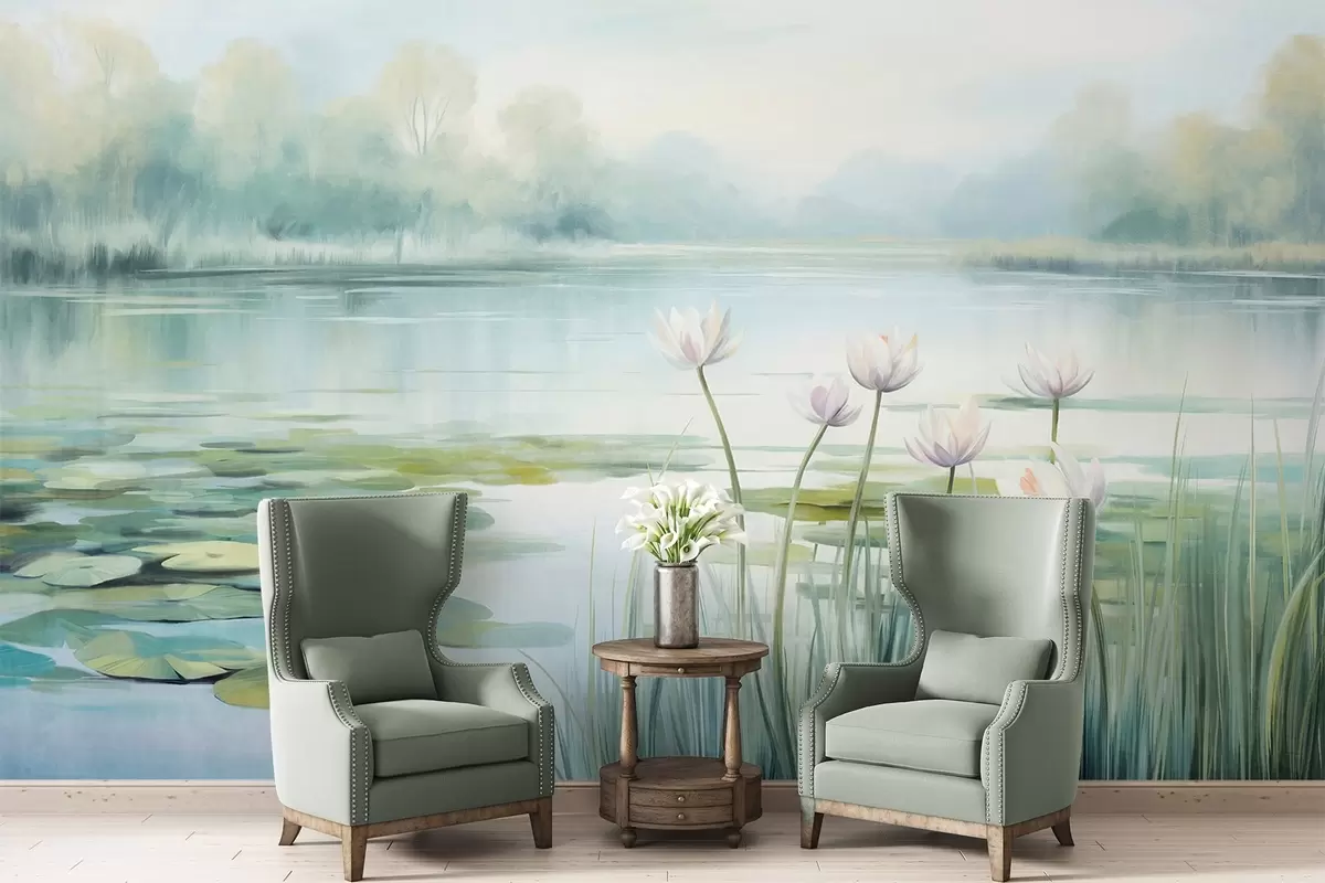 wall murals Landscape with a lake, water lilies and lily pads, trees in the background, in a calm environment, light blue and green tones w09395