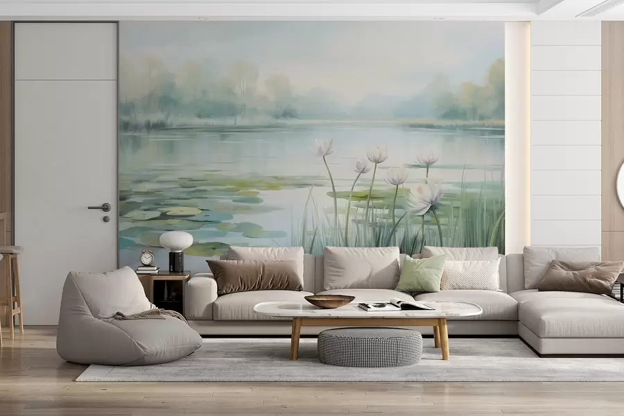 wall murals Landscape with a lake, water lilies and lily pads, trees in the background, in a calm environment, light blue and green tones w09395