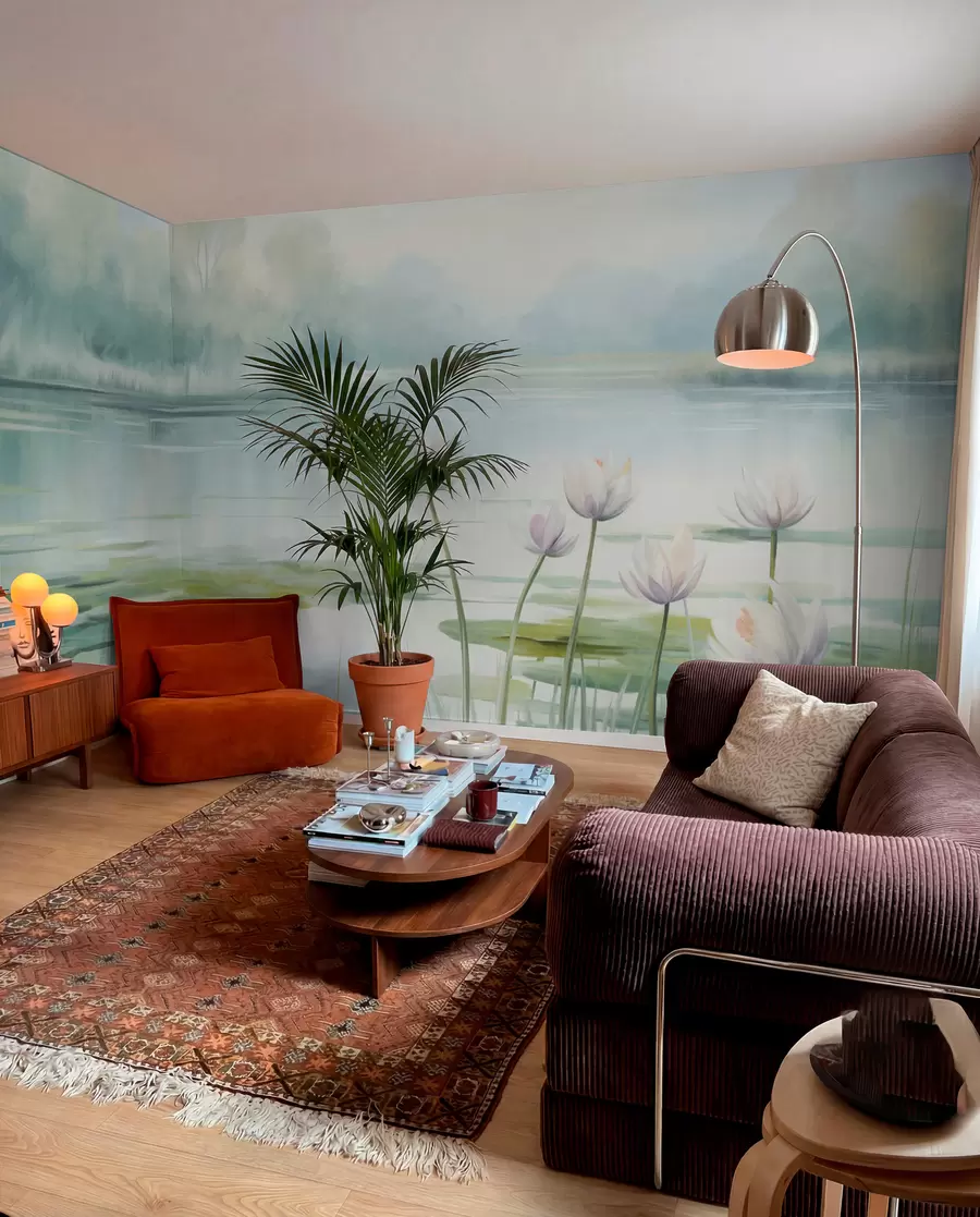 wall murals Landscape with a lake, water lilies and lily pads, trees in the background, in a calm environment, light blue and green tones w09395