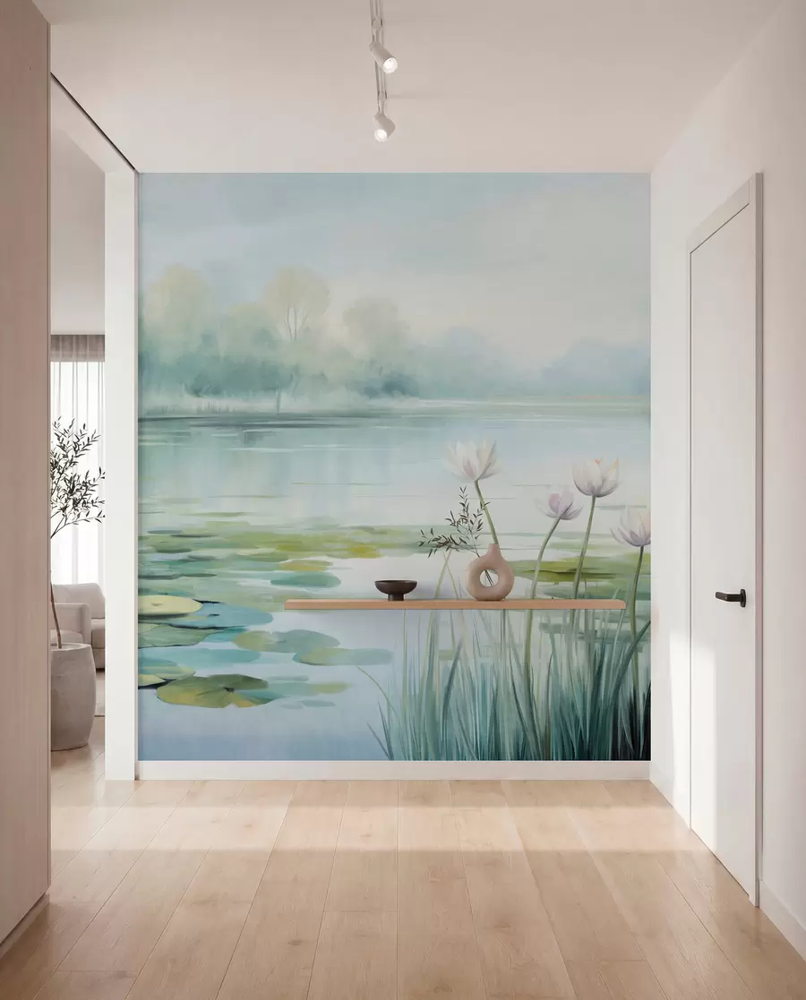 wall murals Landscape with a lake, water lilies and lily pads, trees in the background, in a calm environment, light blue and green tones w09395