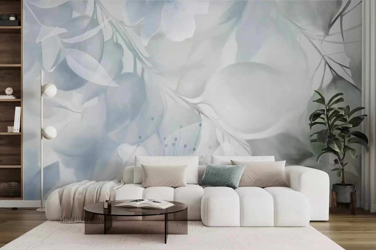 wall murals Floral art with muted blue and green flowers, leaves and branches, soft pastel colors, watercolor textured effect w09397v1