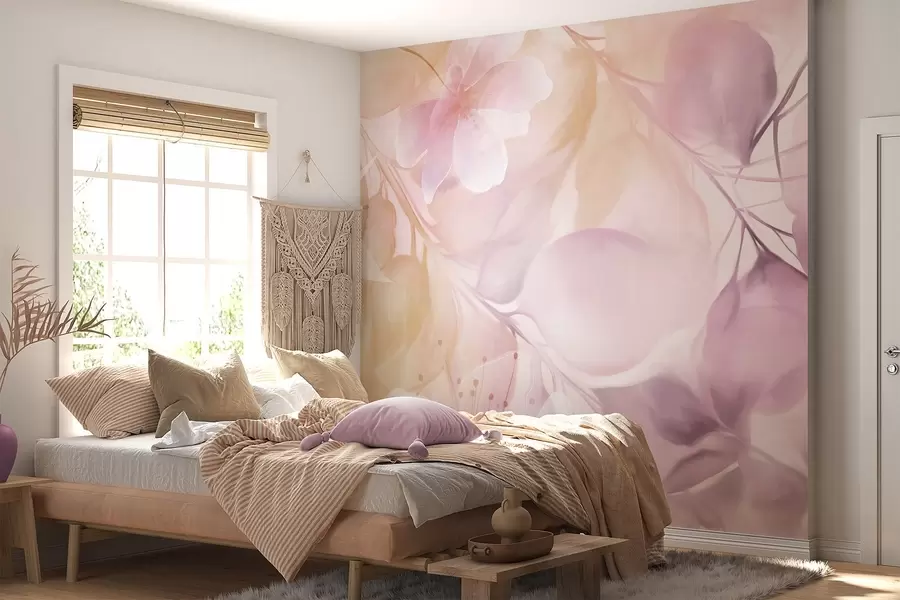 wall murals Floral art with muted yellow and purple flowers, leaves and branches, soft pastel colors, watercolor textured effect w09397v2