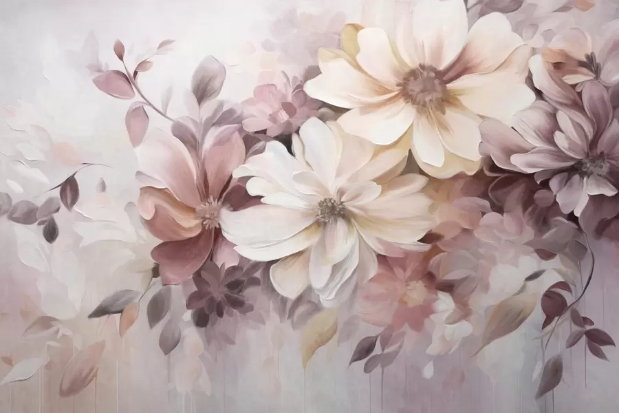 wall murals A floral arrangement with large textured soft-colored flowers in shades of burgundy, peach, and white, with delicate leaves w09398