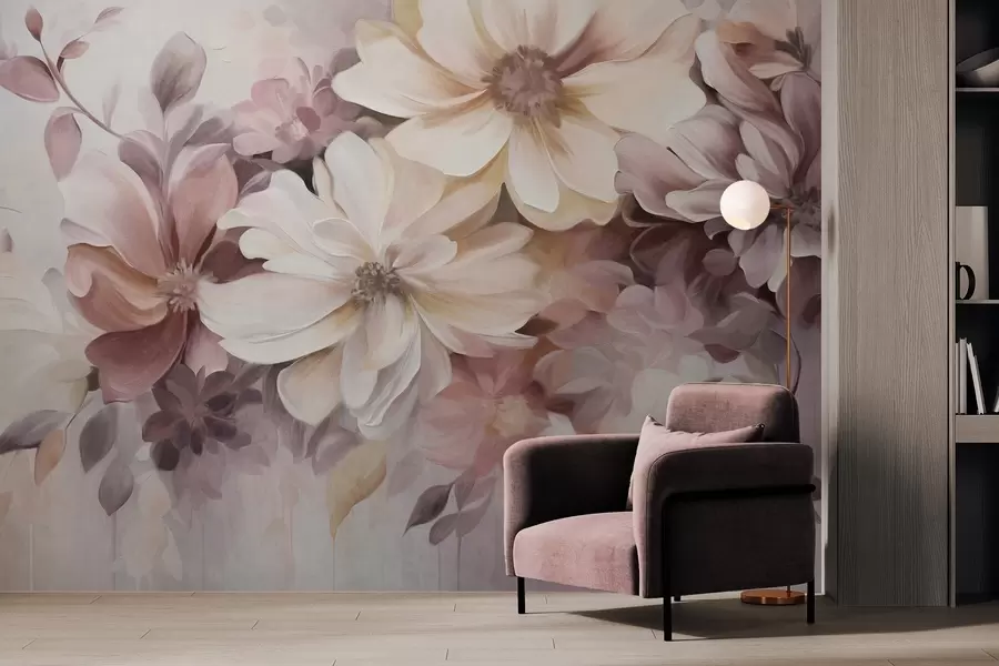 wall murals A floral arrangement with large textured soft-colored flowers in shades of burgundy, peach, and white, with delicate leaves w09398
