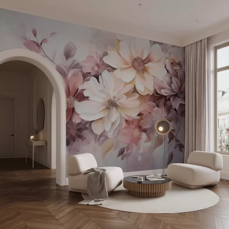 wall murals A floral arrangement with large textured soft-colored flowers in shades of burgundy, peach, and white, with delicate leaves w09398