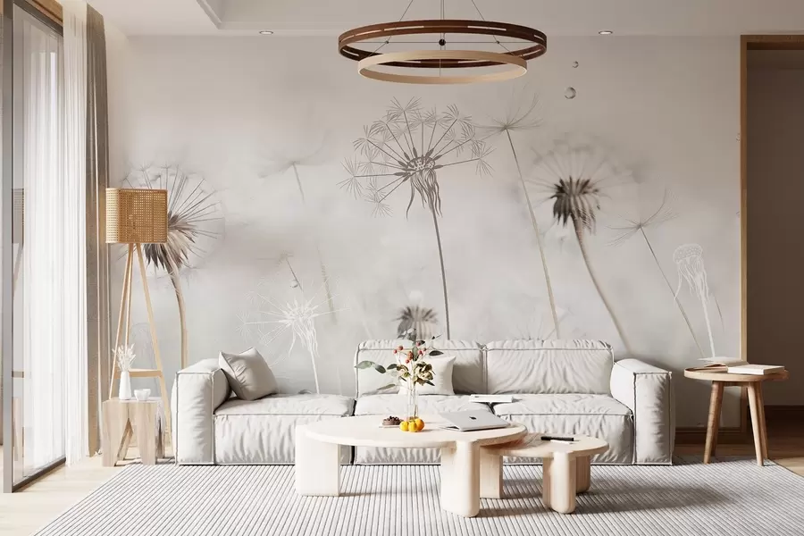 wall murals Dandelions with water drops, white background, close up, soft light, nature, botanical, ethereal, delicate, minimalist w09399