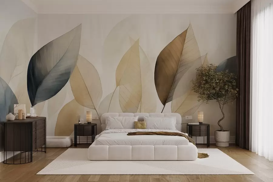 wall murals Textured painting imitation of leaves in shades of brown, yellow, and gray, with delicate veins and stems w09400